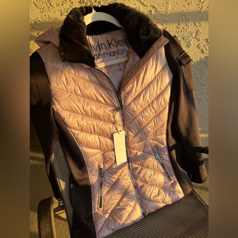 Calvin Klein jacket for women. Beautiful blush pink with hood and faux fur.